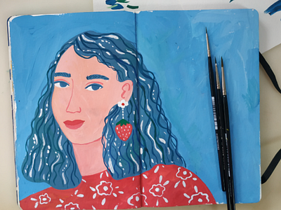 Girl with Strawberry art drawing girl gouache hand drawn illustration painting portrait strawberry woman