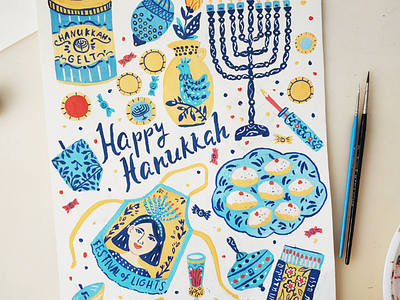 Happy Hanukkah art drawing food gouache greeting card hand drawn hanukkah illustration kitchen painting