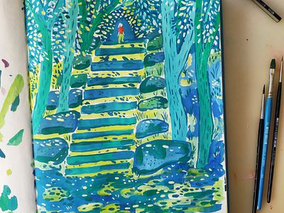 Going up the stairs art blue drawing gouache hand drawn illustration nature painting trees