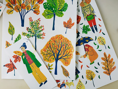 Colors of autumn art autumn characters dogs drawing gouache hand drawn illustration leaves nature painting people tree