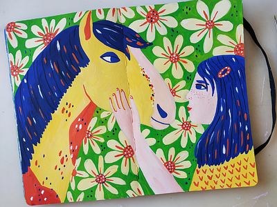 Girl with horse art character design children book drawing girl gouache hand drawn horse illustration painting sketchbook woman