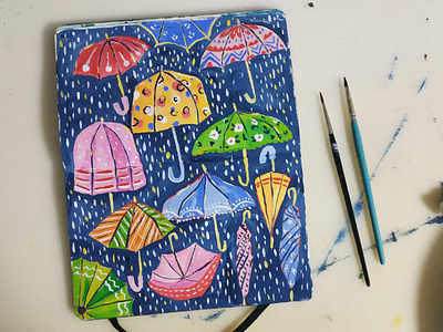 Umbrella art drawing gouache hand drawn illustration rain umbrella winter