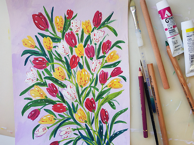 Tulips art botanical bouquet drawing floral flowers gouache hand drawn illustration painting tulip
