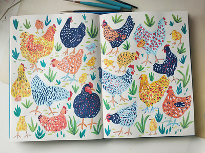 Hens animal art bird chicken drawing easter farm gouache hand drawn hen illustration