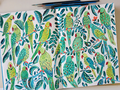 Green Parrots art bird birds drawing gouache green hand drawn illustration nature painting parrot parrots sketchbook tree