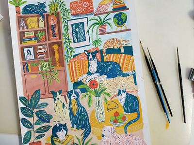Slumber party art cat cats dog dogs drawing gouache hand drawn home house illustration painting party room slumber