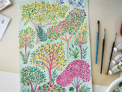 Trees art birds drawing flowers gouache hand drawn illustration nature painting pattern tree trees watercolor