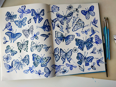 Blue Butterflies art butterflies butterfly drawing flowers gouache hand drawn illustration nature painting