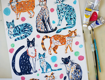 Happy Cats animals art cat cats drawing gouache hand drawn illustration painting pets