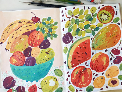Summer Fruits art drawing gouache hand drawn illustration painting