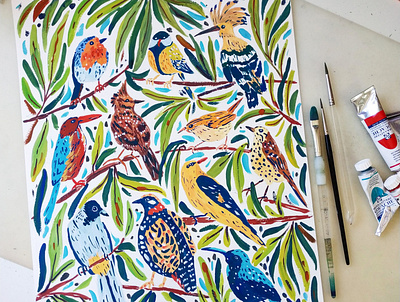 Birds art drawing gouache hand drawn illustration painting