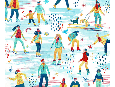 Ice Skaters art drawing gouache hand drawn ice skater illustration pattern repeat winter