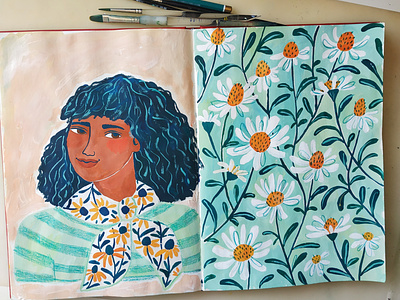 Daisy Girl art daisy drawing gouache hand drawn illustration painting pattern portrait woman