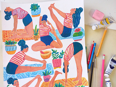 Yoga Time art drawing gouache hand drawn illustration painting people sports woman yoga