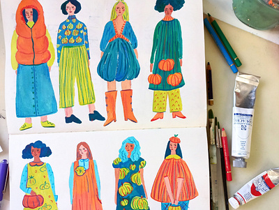 Pumpkin Outfits art autumn characters drawing fashion gouache hand drawn illustration painting people pumpkin