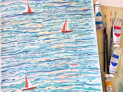 Sailing art boats drawing gouache hand drawn illustration painting sailing sea
