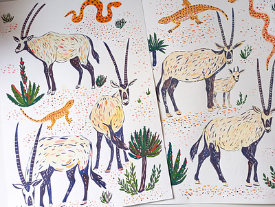 Oryxes animals art drawing gouache hand drawn illustration oryx painting pattern design