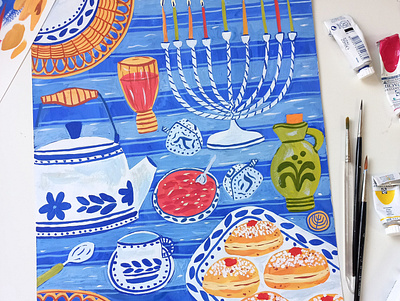 Happy Hanukkah art celebration drawing gouache greeting card hand drawn hanukkah illustration painting
