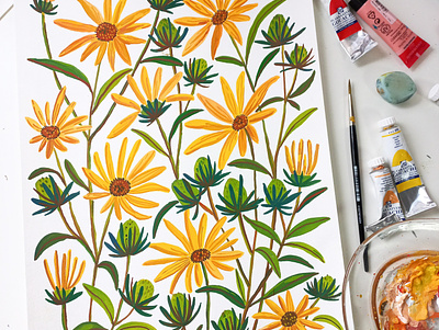 Wild Sunflowers art design drawing flowers gouache hand drawn illustration painting pattern
