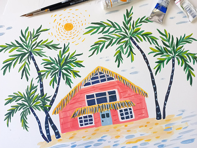 Tropical Island art drawing gouache hand drawn illustration painting palms pattern design summer time tropical island