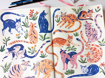 Bunch of cats art cats drawing gouache hand drawn illustration painting pattern sketchbook