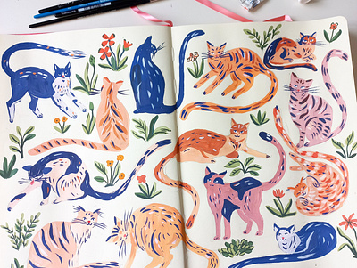Bunch of cats art cats drawing gouache hand drawn illustration painting pattern sketchbook