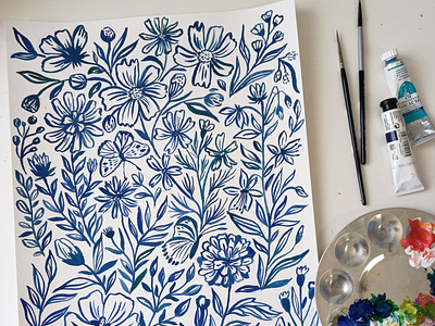 Blue florals pattern art design drawing flowers gouache hand drawn illustration painting pattern design surface pattern