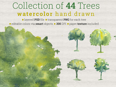 Collection of 44 Watercolor Trees collection ecology elements environment green hand drawn illustration nature trees watercolor web