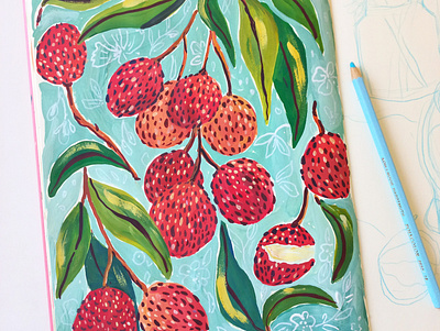 Lychee season art drawing food fruits gouache hand drawn illustration kitchen lychee painting sketchbook