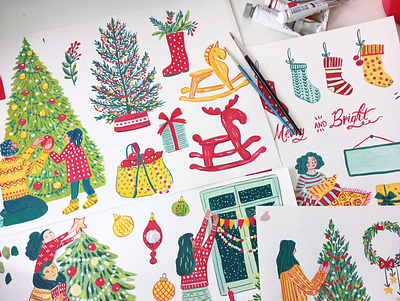 Christmas time art christmas christmas time christmas tree drawing gouache hand drawn illustration painting pattern winter