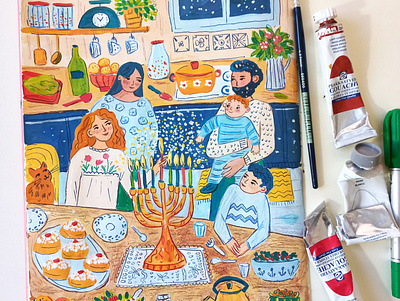 Happy Hanukkah art children book drawing family gouache hand drawn hanukkah holidays illustration painting winter