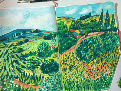 Landscape with balloons art balloons drawing gouache hand drawn illustration landscape painting sketchbook
