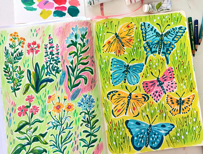 Butterflies and Wildflowers art butterflies drawing flowers gouache hand drawn illustration painting patteen design sketchbook