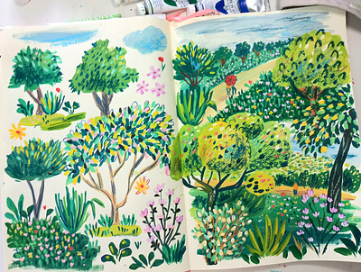 Landscspe practice art drawing gouache hand drawn illustration landscape painting sketchbook trees
