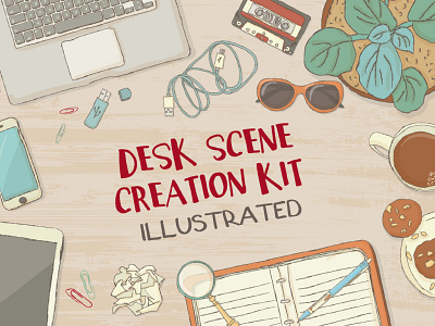 Desk Scene Creation - illustrated desk drawing illustration office pencil vector