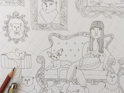 Illustration in progress baroque style cats drawing illustration illustrator pencils