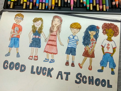 Good luck at school back to school children colored pencils drawing greetings hand draen illustration kids