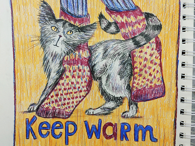 Keep warm card design cat illustration colored pencils drawing illustration keep warm kids illustration socks winter