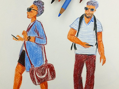 People walking city colored pencils drawing illustration peopke urban