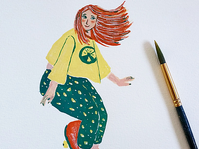 Skateboard girl art character design drawing gouache illustration skateboard