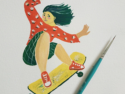 Skateboard girl 2 art character design drawing gouache illustration skateboarding