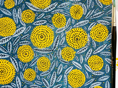 Mimosa flowers pattern art drawind flower pattern gouache illustration