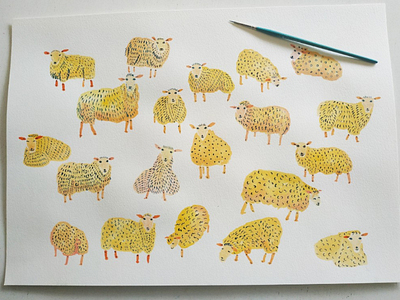 Sheeps without back art drawing gouache illustration