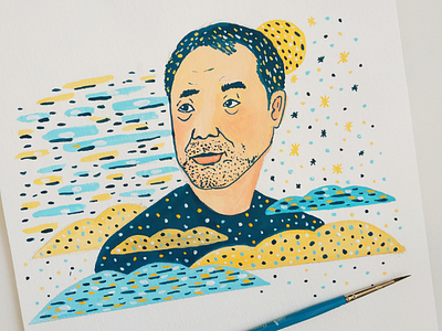 Haruki Murakami portrait art drawing gouache hand drawn illustrstion portrait