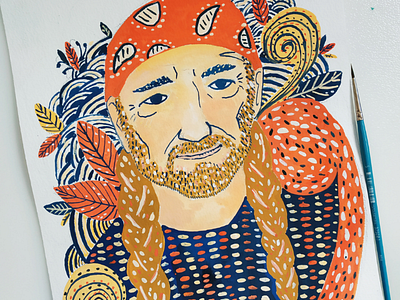 Willie Nelson portrait art drawing gouache illustration portrait