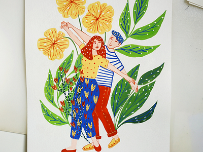 Let's dance together character design coupke dancing drawing flowers gouache hand drawn illustration