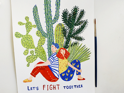 Let's fight together art character design couple drawing gouache hand drawn illustration