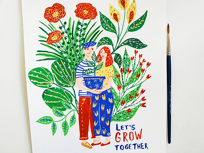 Let's grow together art character design drawing gouache greeting card hand drawn illustration