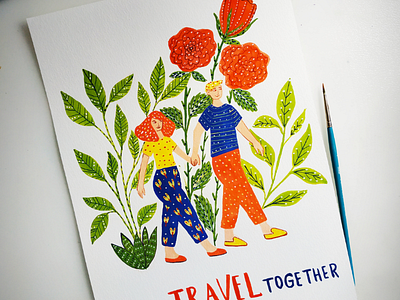 Let's travel together art bloom couples drawing flowers gouache hand drawn illustration travel