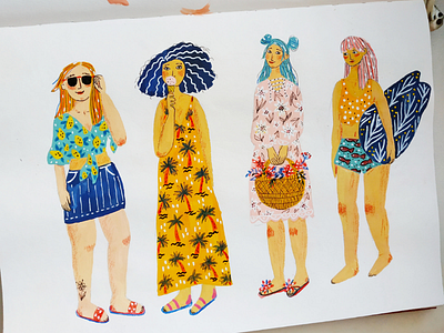 Summer girls drawing gouache hand drawn illustration summer woman